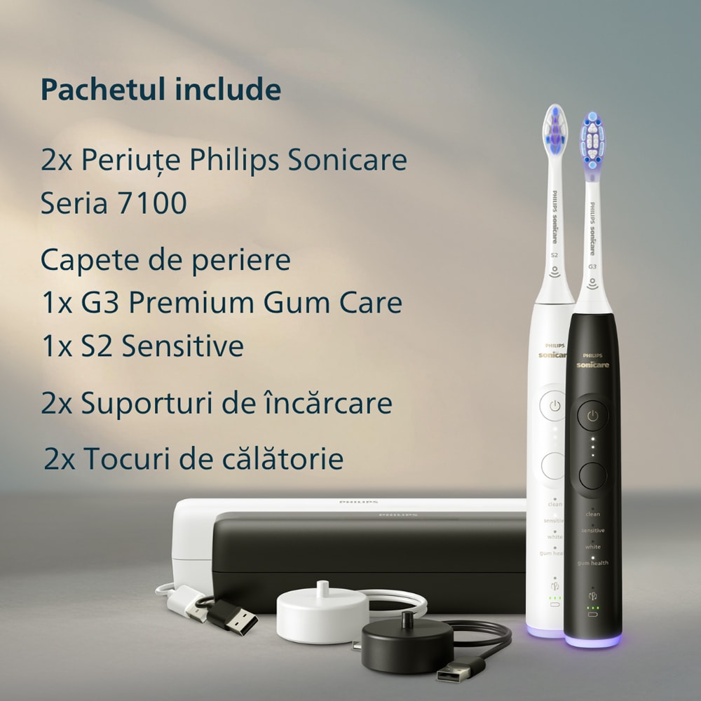 Set 2 Periute de dinti electrice PHILIPS Sonicare 7100 HX7429/02, 62000 miscari/min, 4 programe, 2 capete, alb-negru
