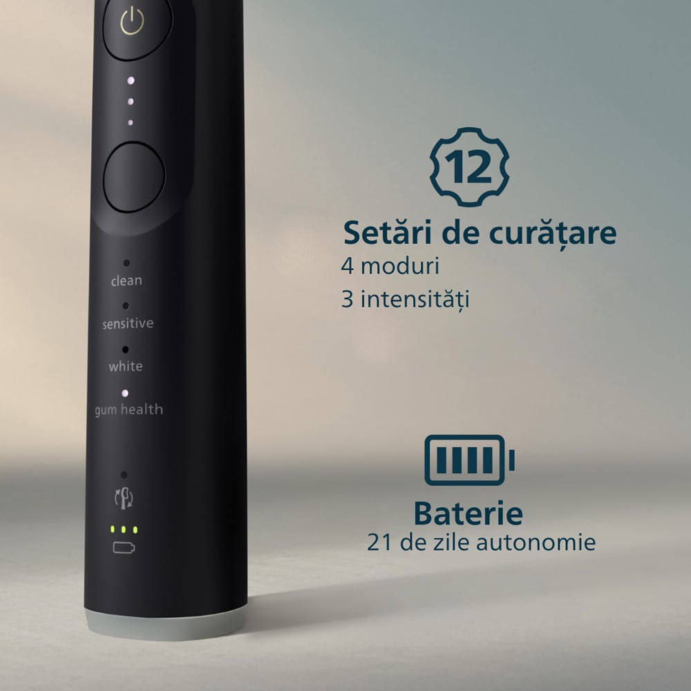 Set 2 Periute de dinti electrice PHILIPS Sonicare 7100 HX7429/02, 62000 miscari/min, 4 programe, 2 capete, alb-negru