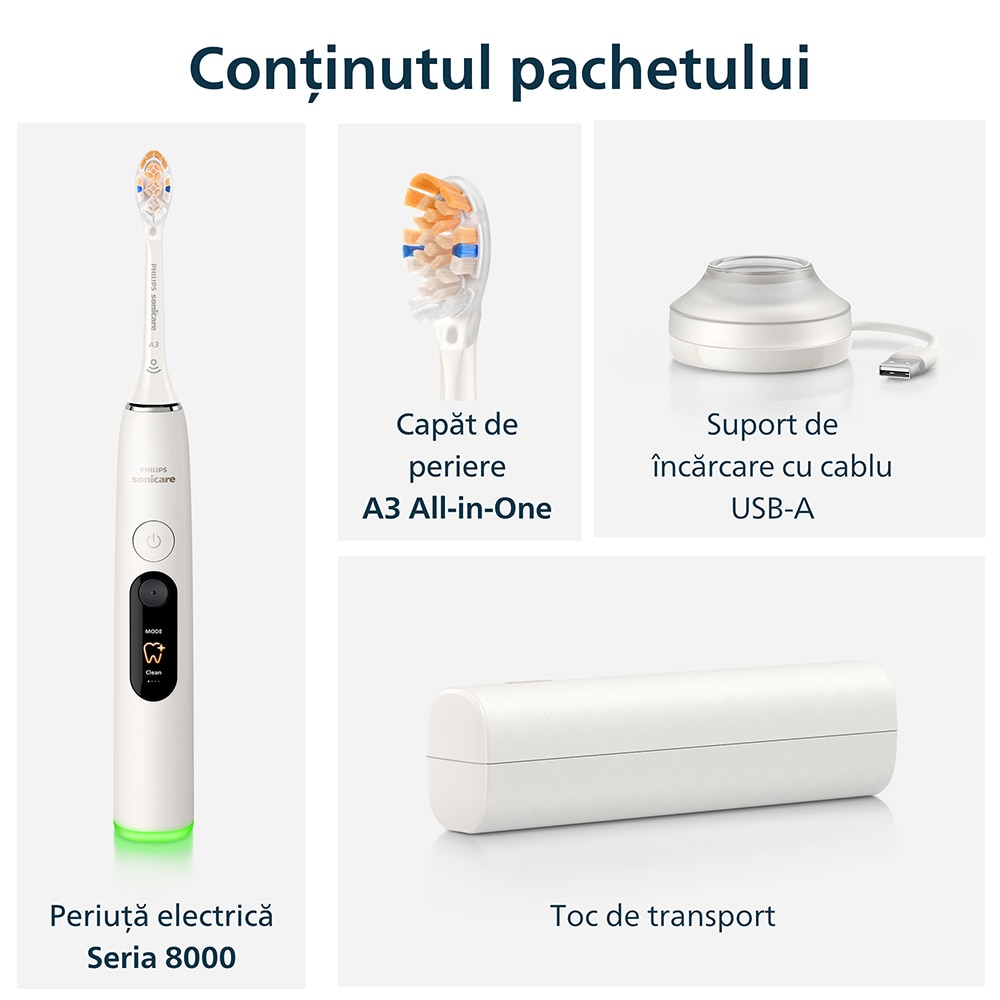 Periuta de dinti electrica PHILIPS Sonicare 8000 Diamond Clean HX8311/11, 62000 miscari/min, 5 programe, 1 capat, alb