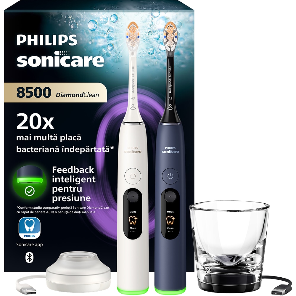 Set 2 Periute de dinti electrice PHILIPS Sonicare 8500 HX8596/22, 62000 miscari/min, 6 programe, alb/albastru