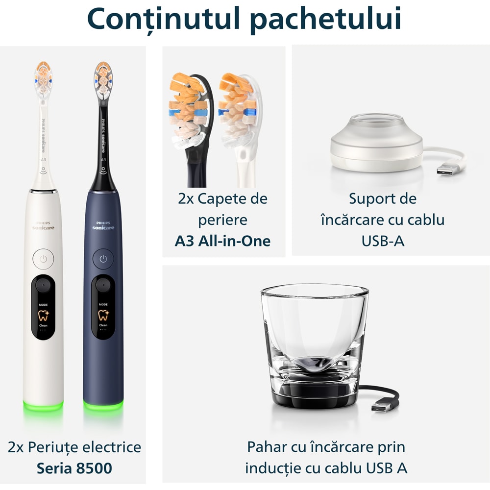 Set 2 Periute de dinti electrice PHILIPS Sonicare 8500 HX8596/22, 62000 miscari/min, 6 programe, alb/albastru