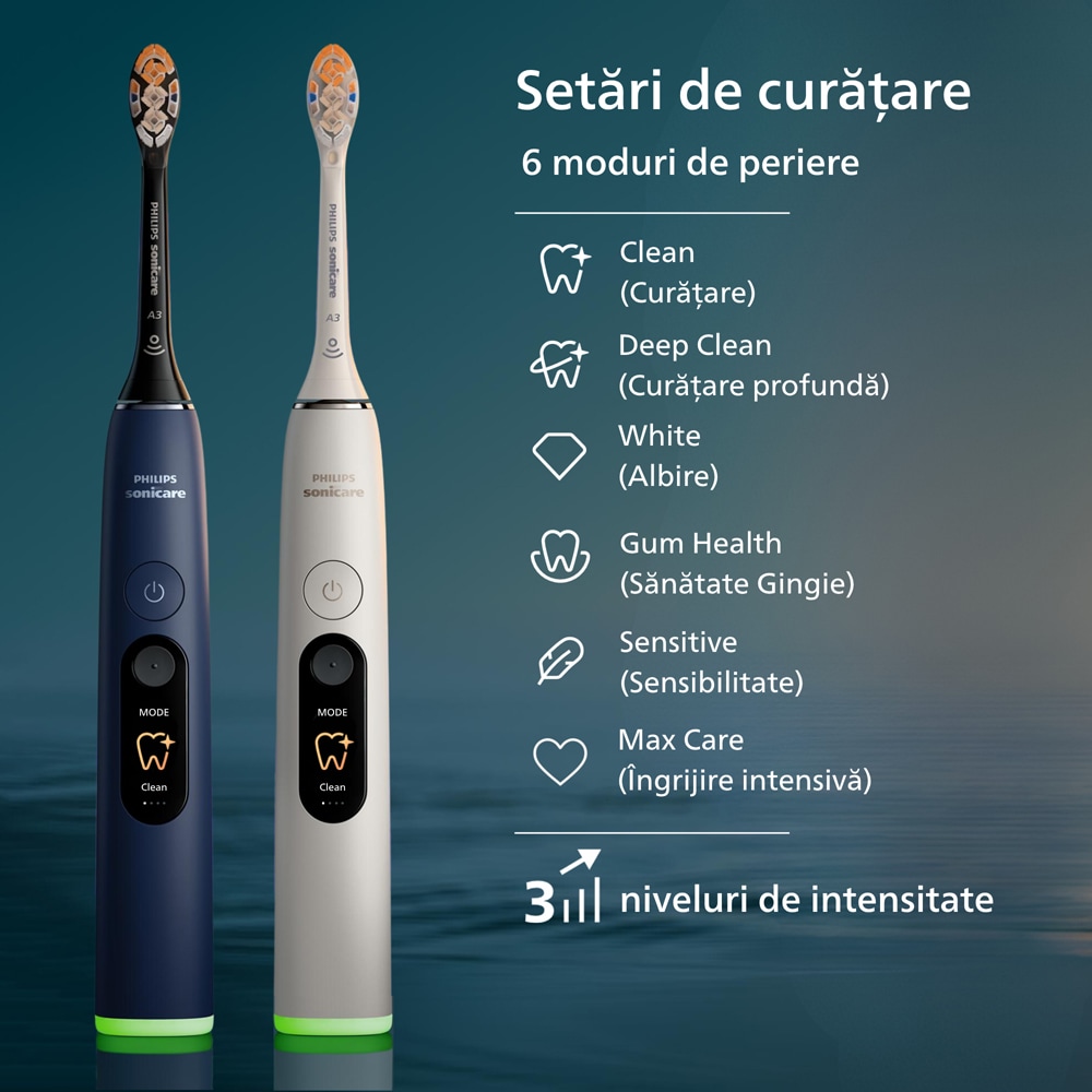 Set 2 Periute de dinti electrice PHILIPS Sonicare 8500 HX8596/22, 62000 miscari/min, 6 programe, alb/albastru