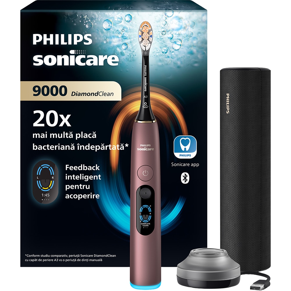 Periuta de dinti electrica PHILIPS Sonicare 9000 Diamond Clean HX9212/85, 62000 miscari/min, 4 program, 1 capat, roz