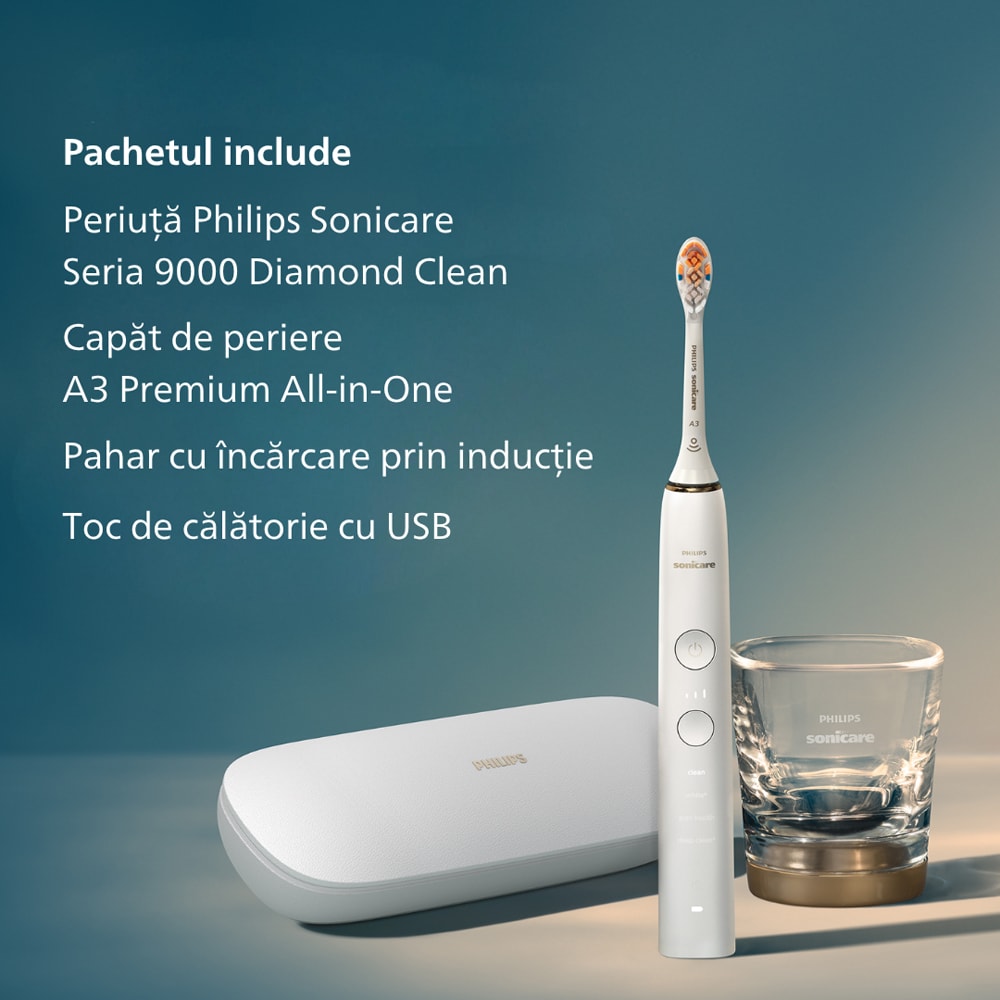 Periuta de dinti electrica PHILIPS Sonicare Diamond Clean HX9911/23, 62000 miscari/min, Curatare 3D, 4 programe, 1 capat, alb