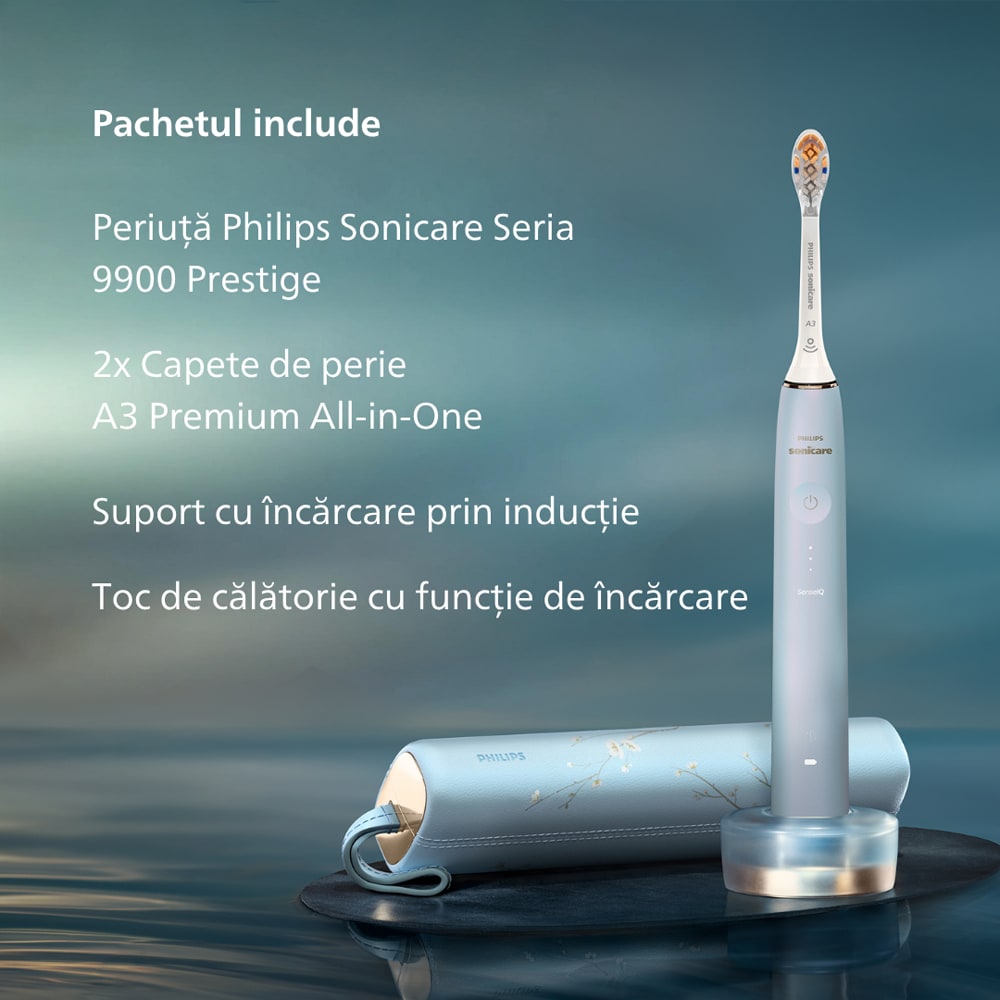 Periuta de dinti electrica PHILIPS Sonicare Prestige HX9997/32, 62000 miscari/min, Tehnologie SenseIQ, 5 programe, 2 capete, bleu