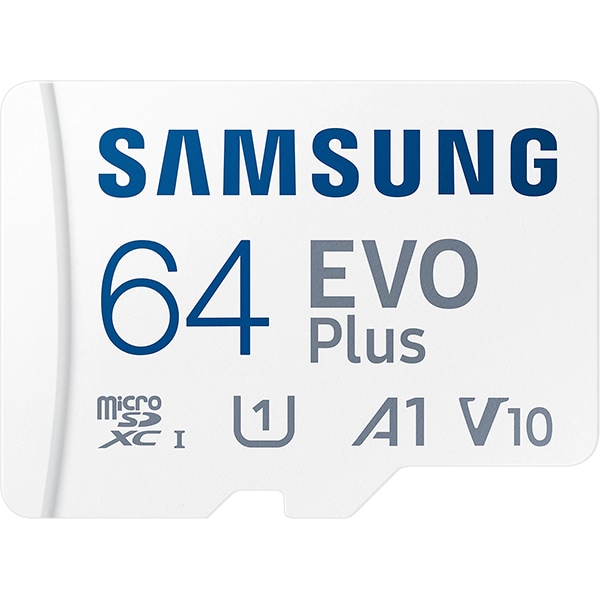 Card de memorie SAMSUNG EVO Plus, microSDXC, 64GB, 130MB/s, clasa 10/U1/V10/A1, UHS-I, adaptor