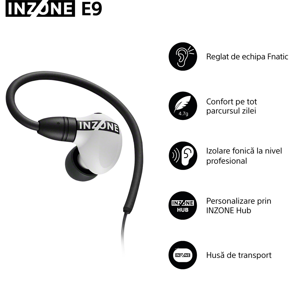 Casti SONY Inzone E9 IER-G900, Cu fir, In-Ear, Microfon, USB-C, alb