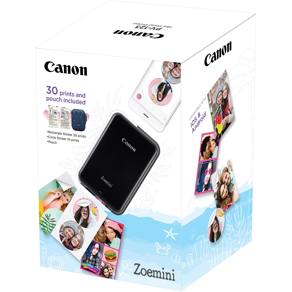 Kit Imprimanta foto portabila CANON Zoemini, Bluetooth, negru + 1 pachet hartie 20 coli + 1 pachet hartie rotunda 10 coli + husa