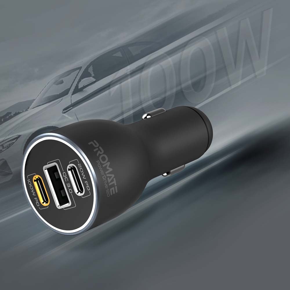 Incarcator auto PROMATE PowerDrive-120, 2xUSB-C, 1x USB-A, Power delivery (PD) 100W + 20W, negru