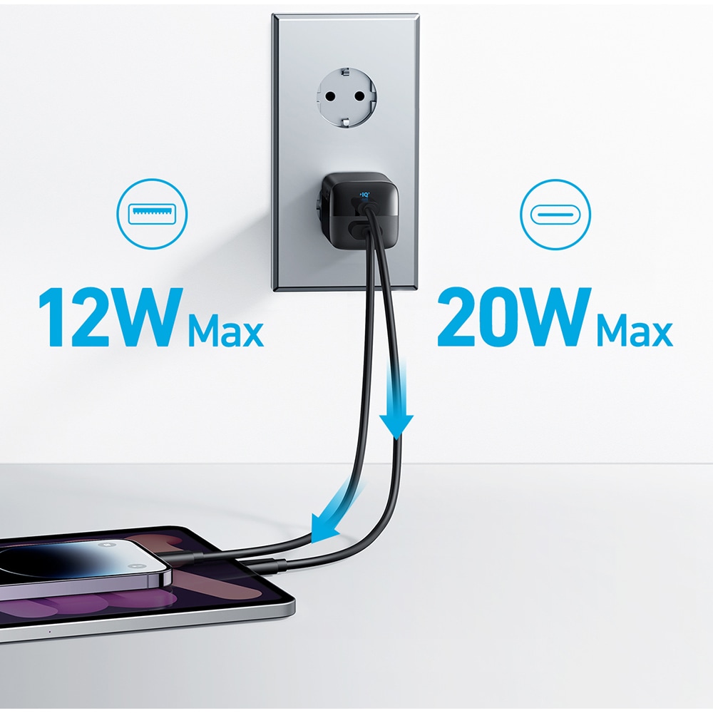 Incarcator retea ANKER 323, 1x USB-C 20W, 1x USB-A 12W, 33W, negru