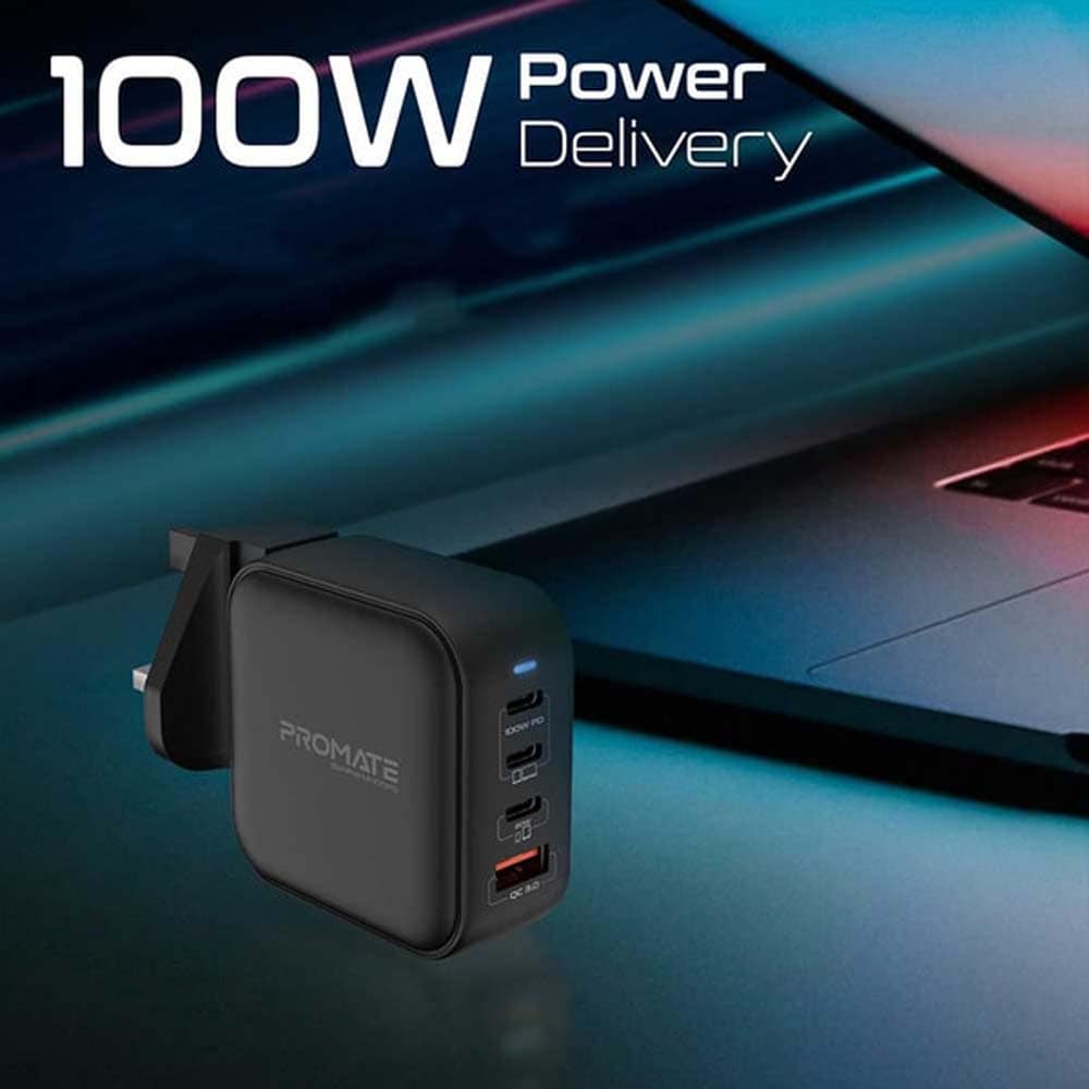 Incarcator retea PROMATE GaNPort4-100PD, 1xUSB-A, 3xUSB-C, priza UK, EU, AU, Power delivery (PD) 100W, negru