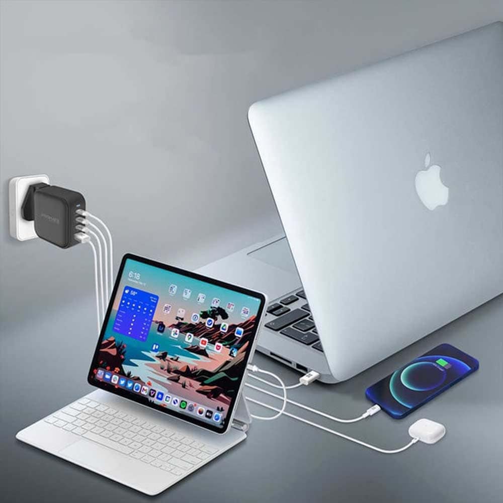 Incarcator retea PROMATE GaNPort4-100PD, 1xUSB-A, 3xUSB-C, priza UK, EU, AU, Power delivery (PD) 100W, negru