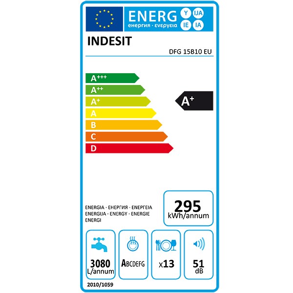 Masina de spalat vase independenta INDESIT DFG15B10, 13 seturi, 5 programe, 60 cm, clasa A+, alb