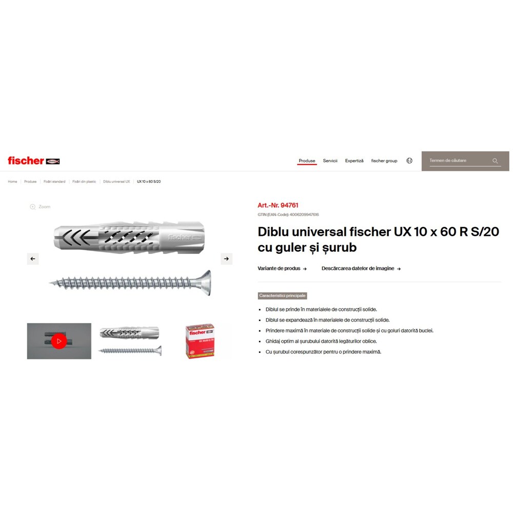 Surub cu diblu universal FISCHER UX, 10 x 65mm, 10buc