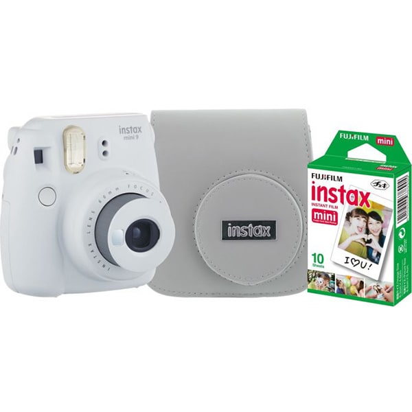 Pachet camera foto instant FUJI Instax Mini 9 + Husa piele + 10 poze , Smoky White