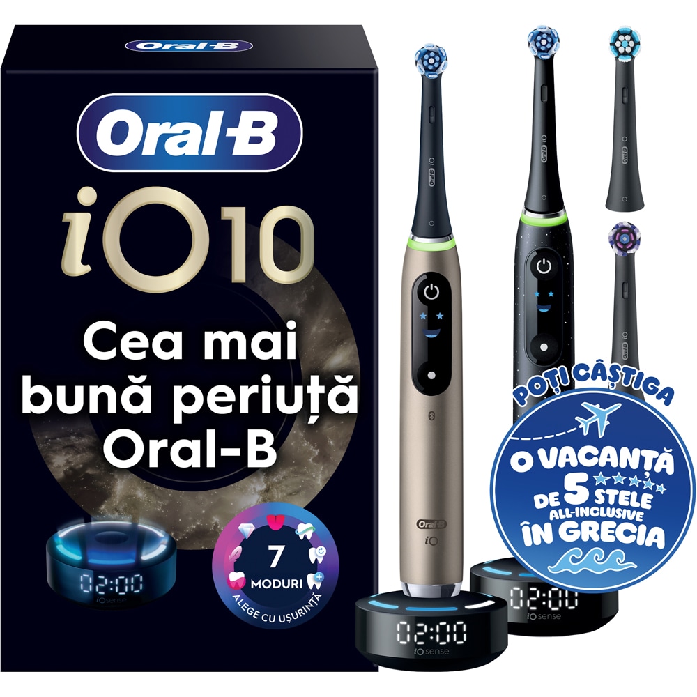 Set 2 periute de dinti electrice ORAL-B iO10, 7 programe, 2 capete, negru/auriu