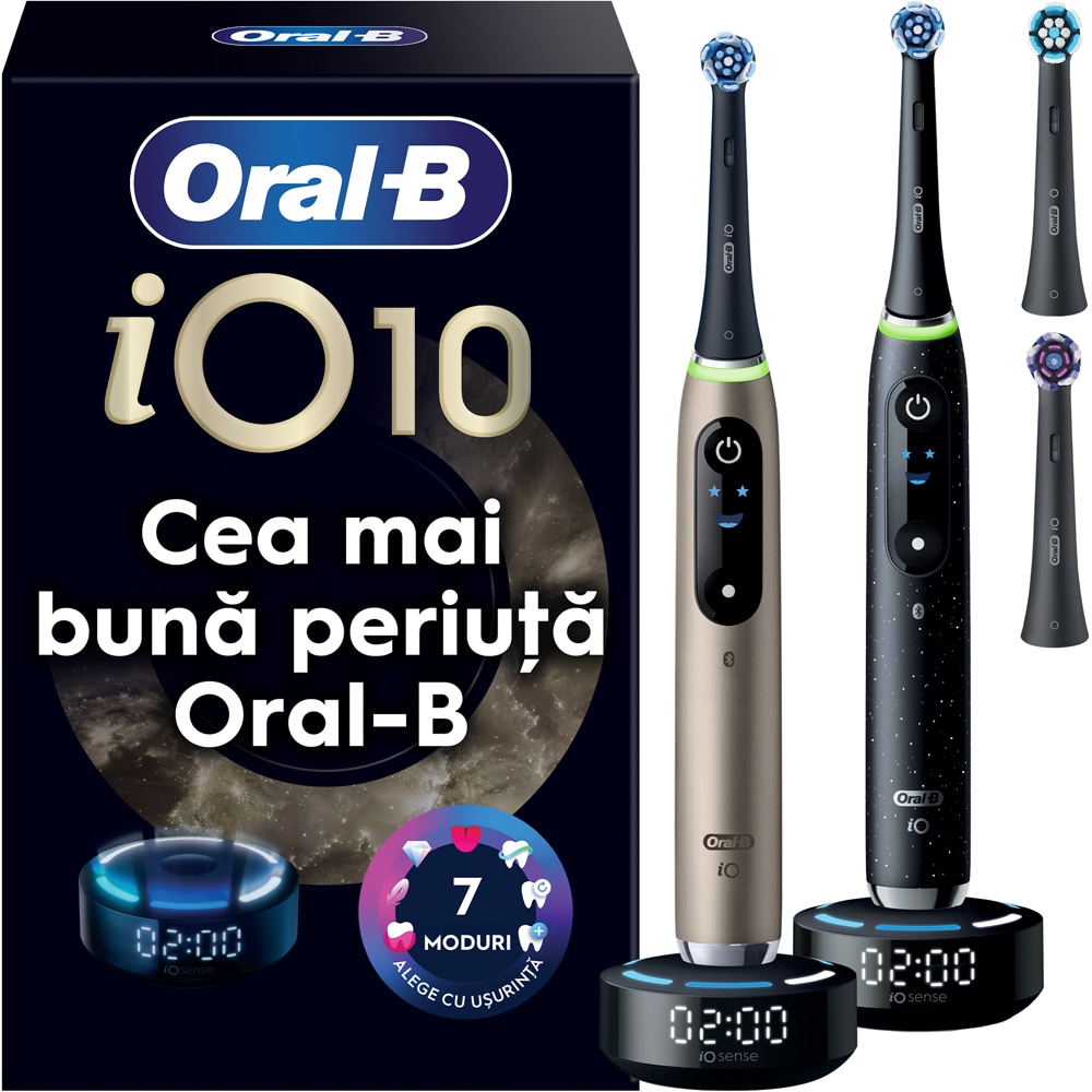Set 2 periute de dinti electrice ORAL-B iO10, 7 programe, 2 capete, negru/auriu