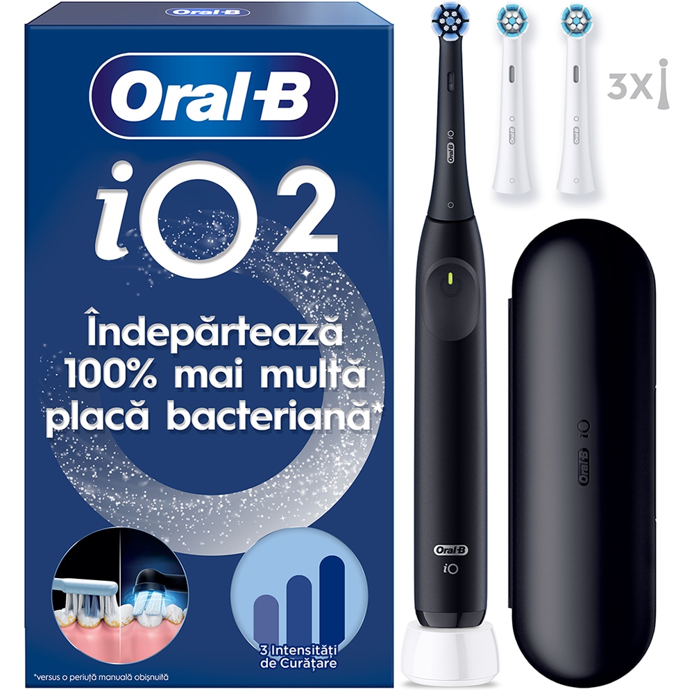Periuta de dinti electrice ORAL-B iO2, 8800 miscari/min, Timer, 3 programe, 2 capate, negru