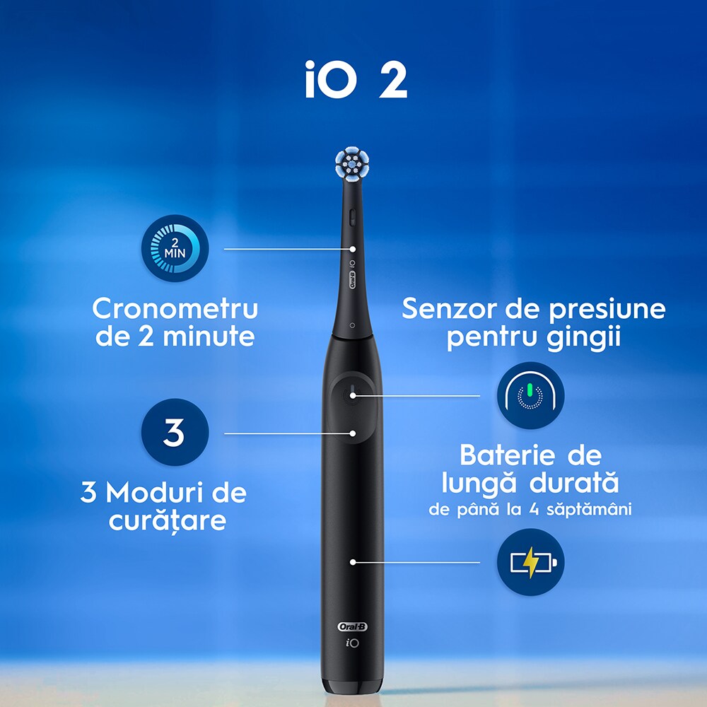 Set 2 Periuta de dinti electrice ORAL-B iO2, 8800 miscari/min, Timer, 3 programe, 2 capate, negru
