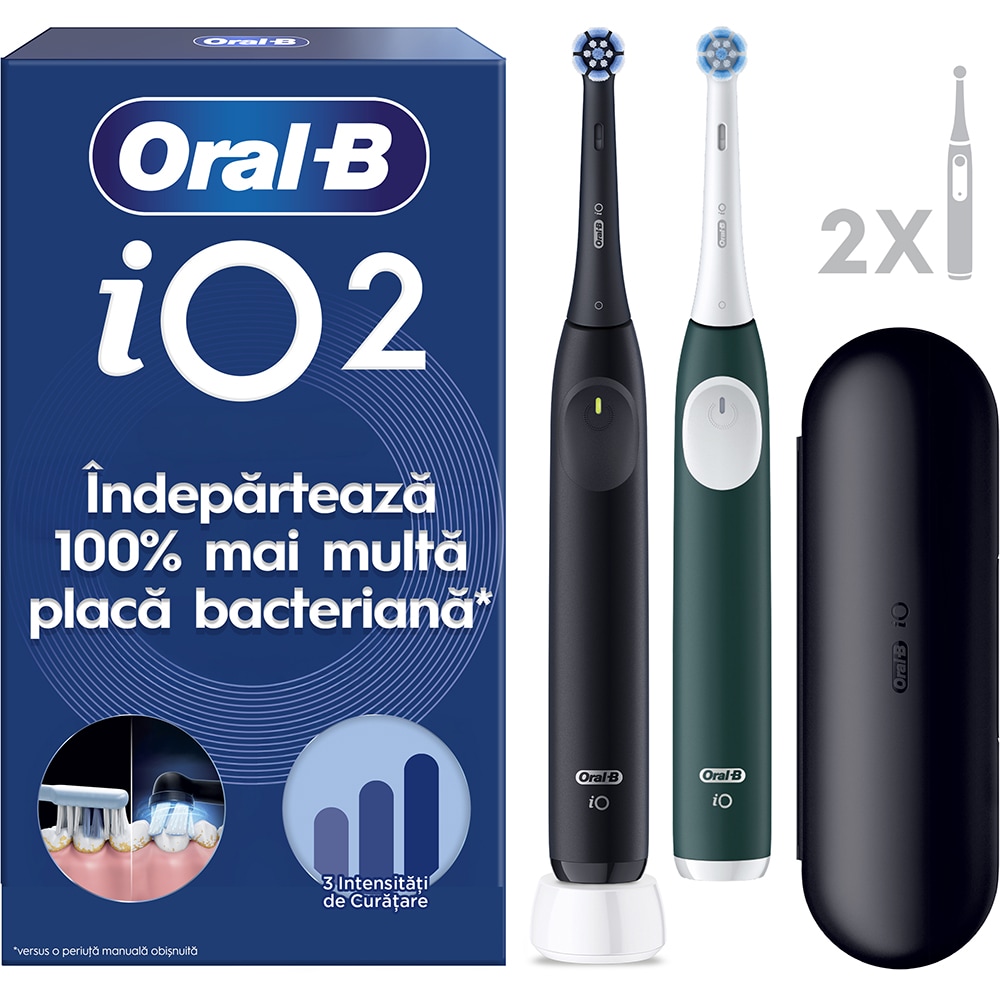 Set 2 Periuta de dinti electrice ORAL-B iO2, 8800 miscari/min, Timer, 3 programe, 2 capate, negru