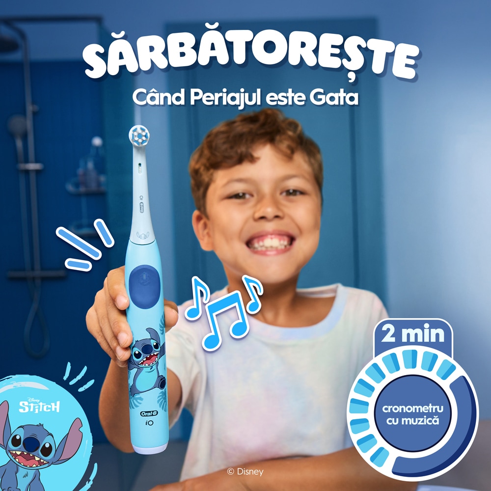 Periuta de dinti electrica copii ORAL-B iO Kids Disney Stitch, 3 programe, 1 capat, albastru