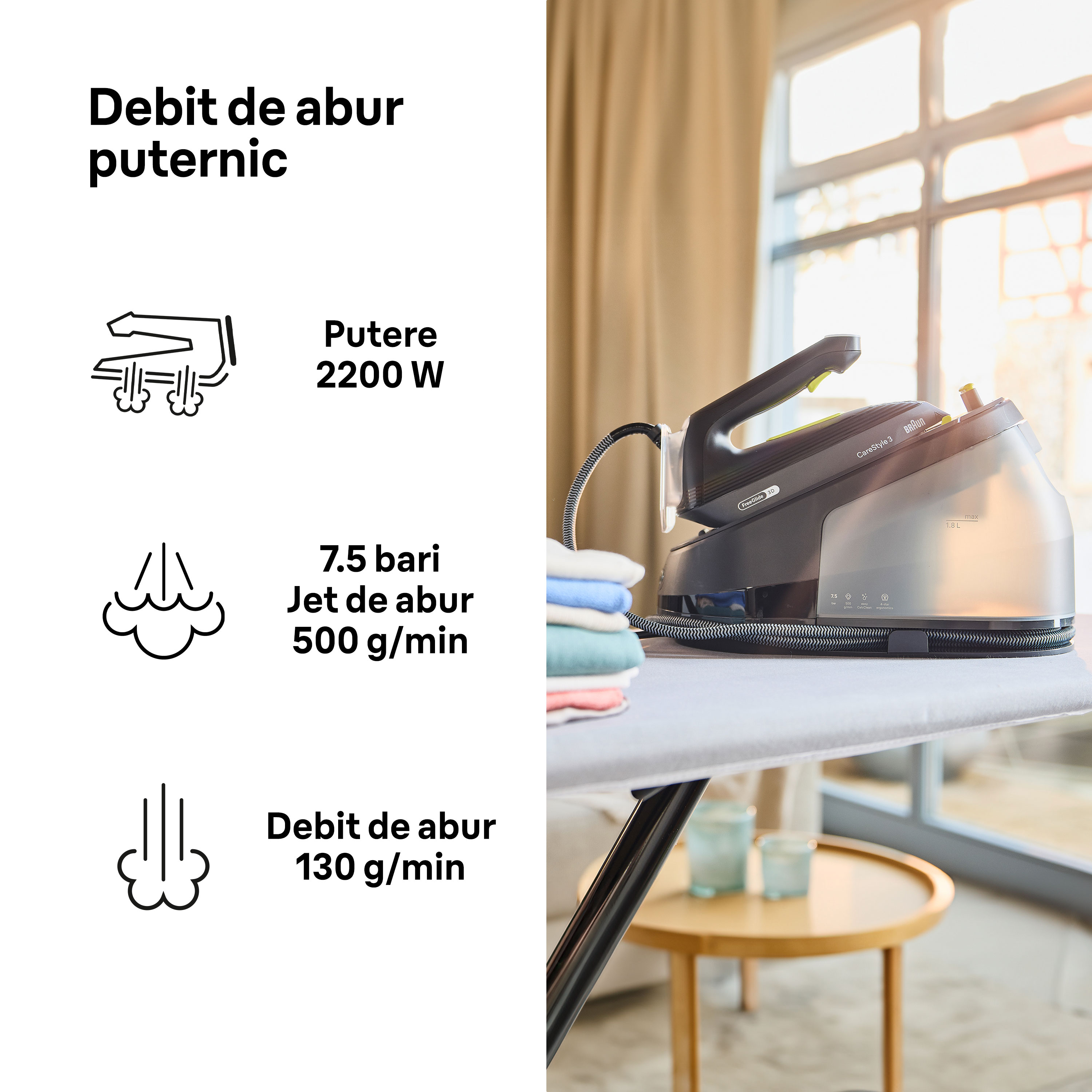 Statie de calcat BRAUN CareStyle 3 IS3257BK, 2200W, 500g/min, 1.8l, talpa EloxalPlus, negru