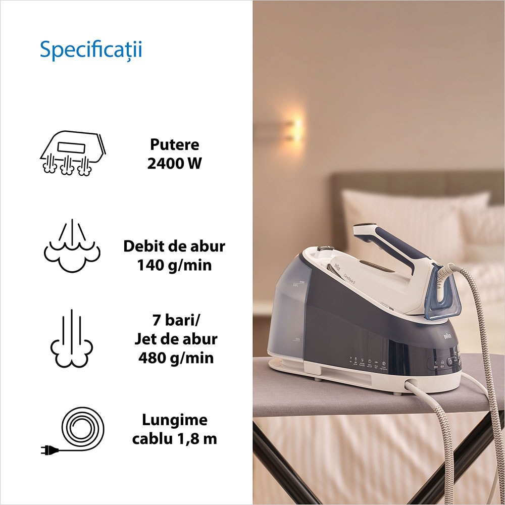 Statie de calcat BRAUN CareStyle 5 IS5245BL, 2400W, 480g/min, 2l, talpa Eloxal Plus, albastru-alb