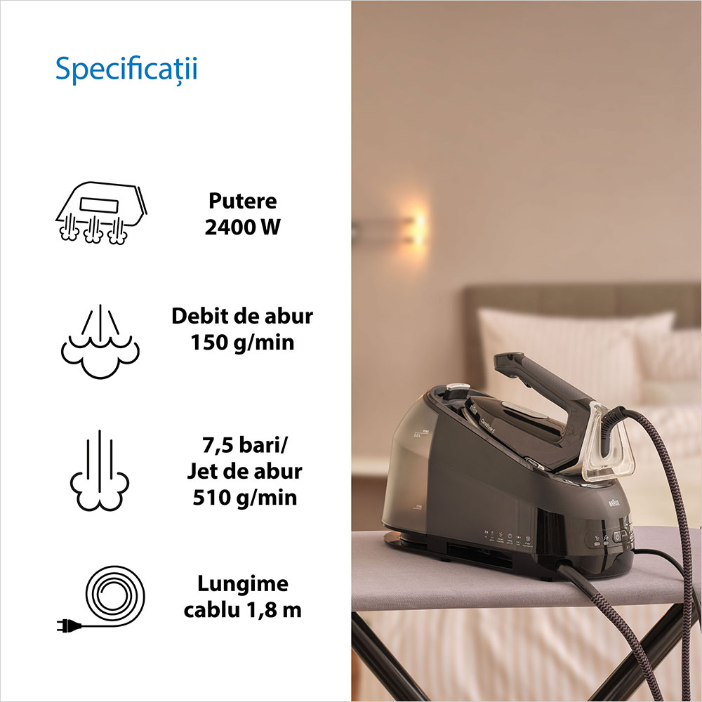 Statie de calcat BRAUN CareStyle 5 IS5249BK, 2400W, 510g/min, 2l, talpa Eloxal Plus, negru