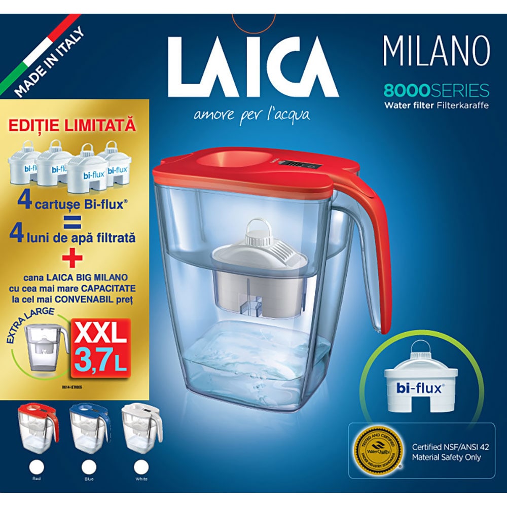 Cana filtranta LAICA BIG Milano XXL + 4 cartuse Bi-flux J9080B1, 3.7l, rosu