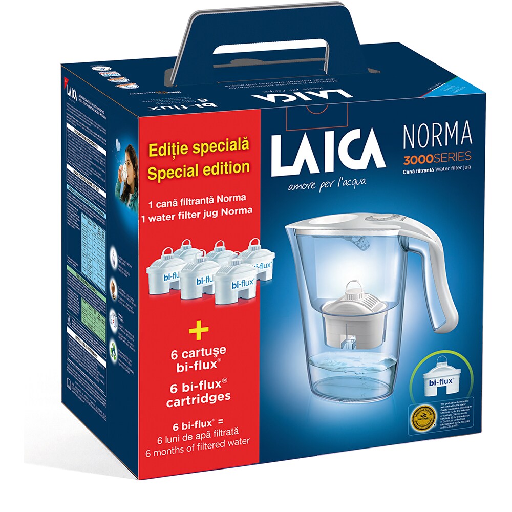 Cana filtranta LAICA Norma + 6 filtre Bi-flux J9570A1, 2.3l, alb-transparent
