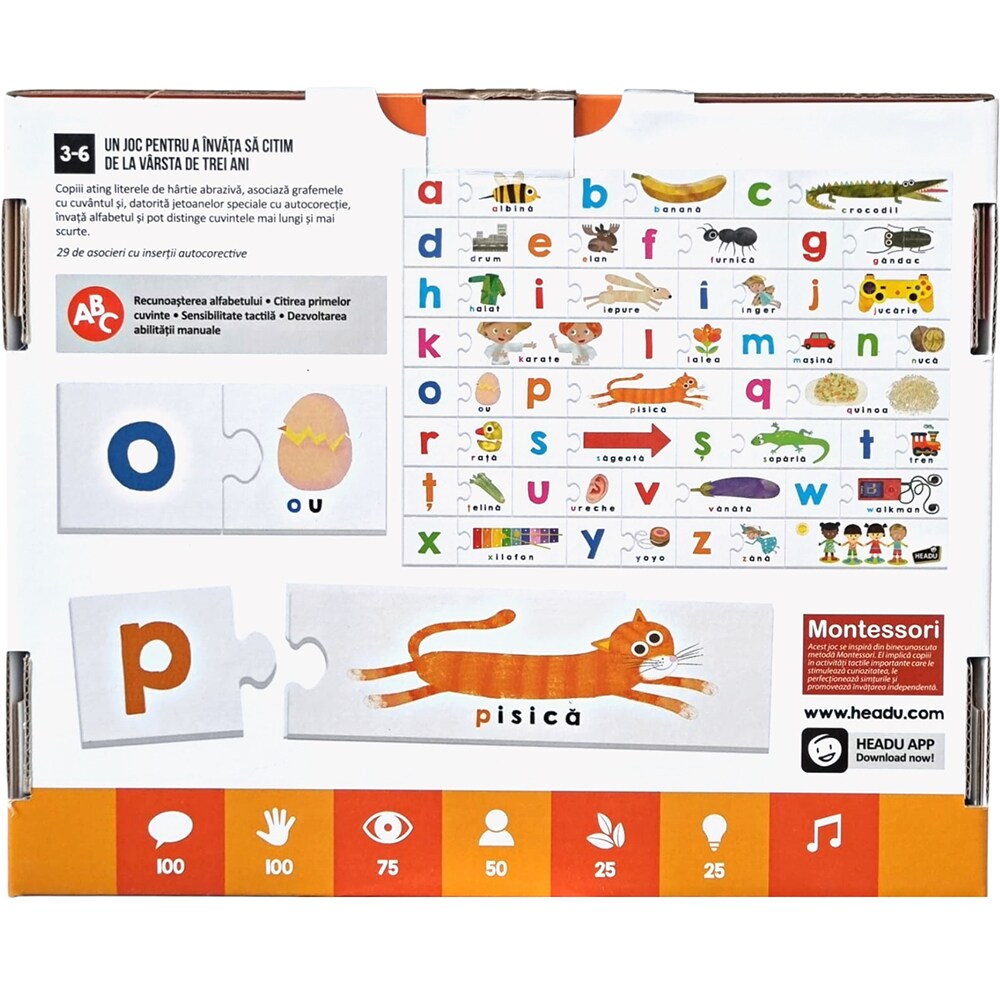 Joc educativ HEADU ABC romana Montessori HE53122, 3 ani+, multicolor