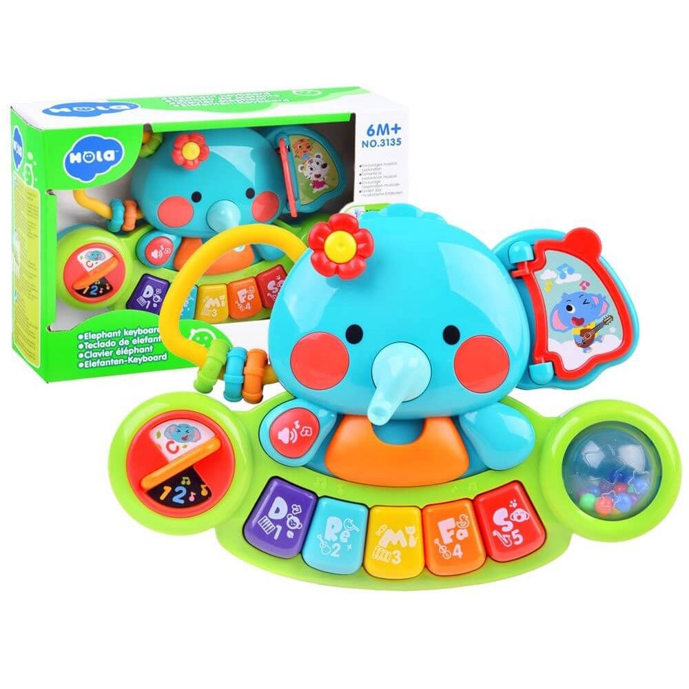 Jucarie interactiva HOLA Elefant pianina muzicala 037007675, 6 luni+, multicolor