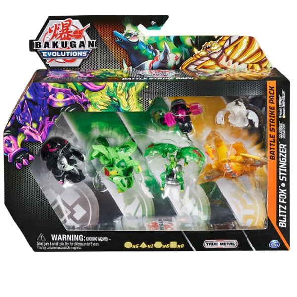 Set 4 figurine BAKUGAN S4 Battle Strike, Blitz Fox, Stingzer, Colossus si Pegatrix 037031656, 6 ani+, multicolor