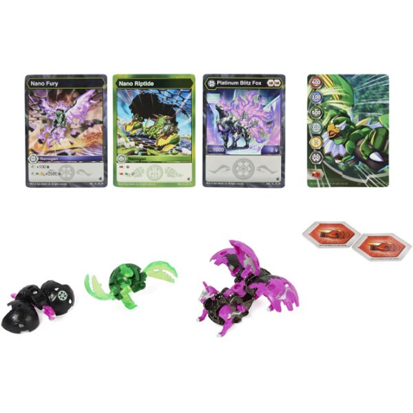 Set figurine BAKUGAN Evolutions - Platinum Powerup Blitz Fox Nano Riptide si Nano Fury 037033810, 6 ani+, multicolor