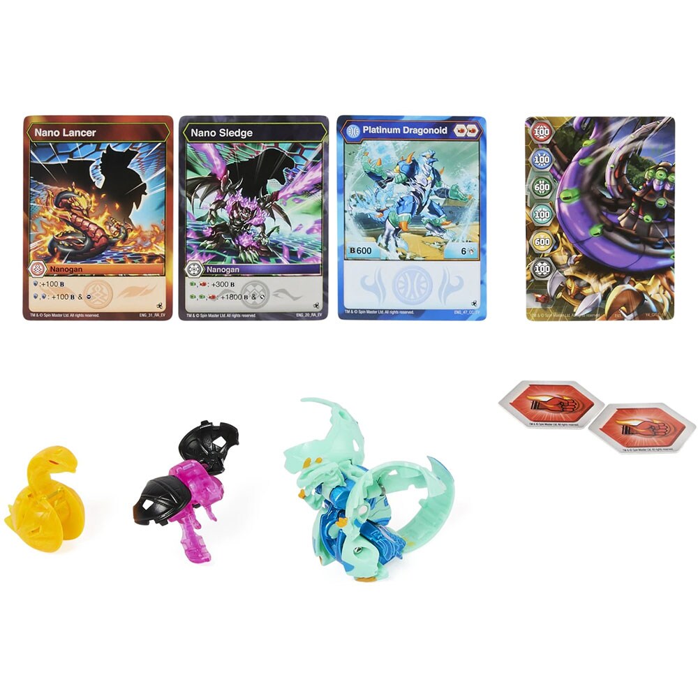 Set figurine BAKUGAN Evolutions - Platinum Powerup Dragonoid Nano Sledge si Nano Lancer 037033827, 6 ani+, multicolor