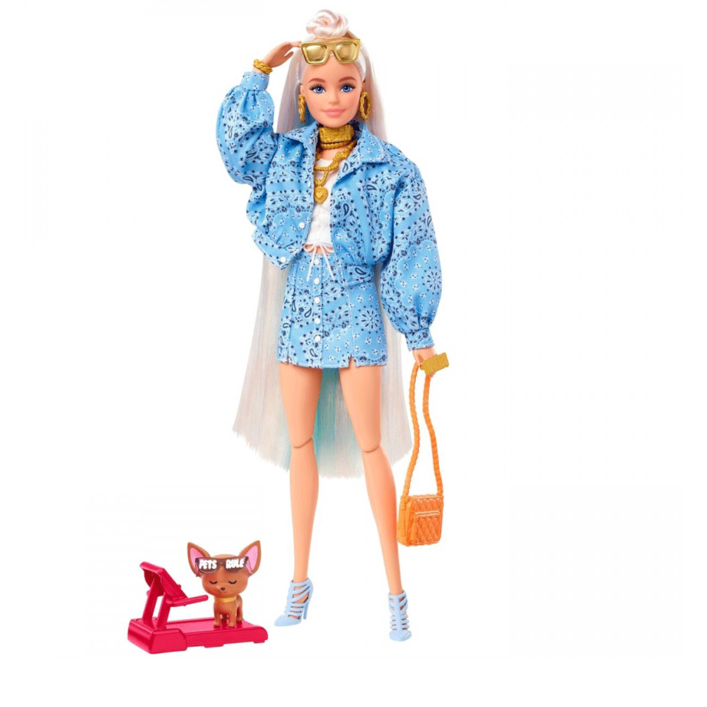 Papusa BARBIE Extra - Tinuta epica cu bandana MTHHN08O, 3 ani+, alb-albastru