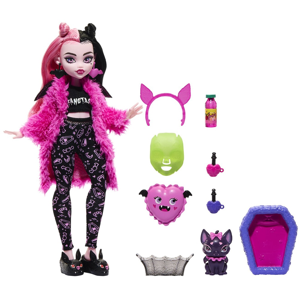 Papusa MONSTER HIGH Creepover Party - Draculaura MTHKY66, 4 ani+, negru-roz