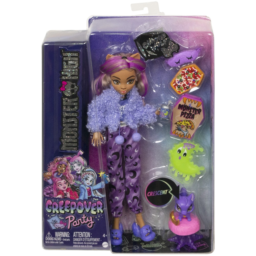 Papusa MONSTER HIGH Creepover Party - Clawdeen MTHKY67, 4 ani+, albastru-mov