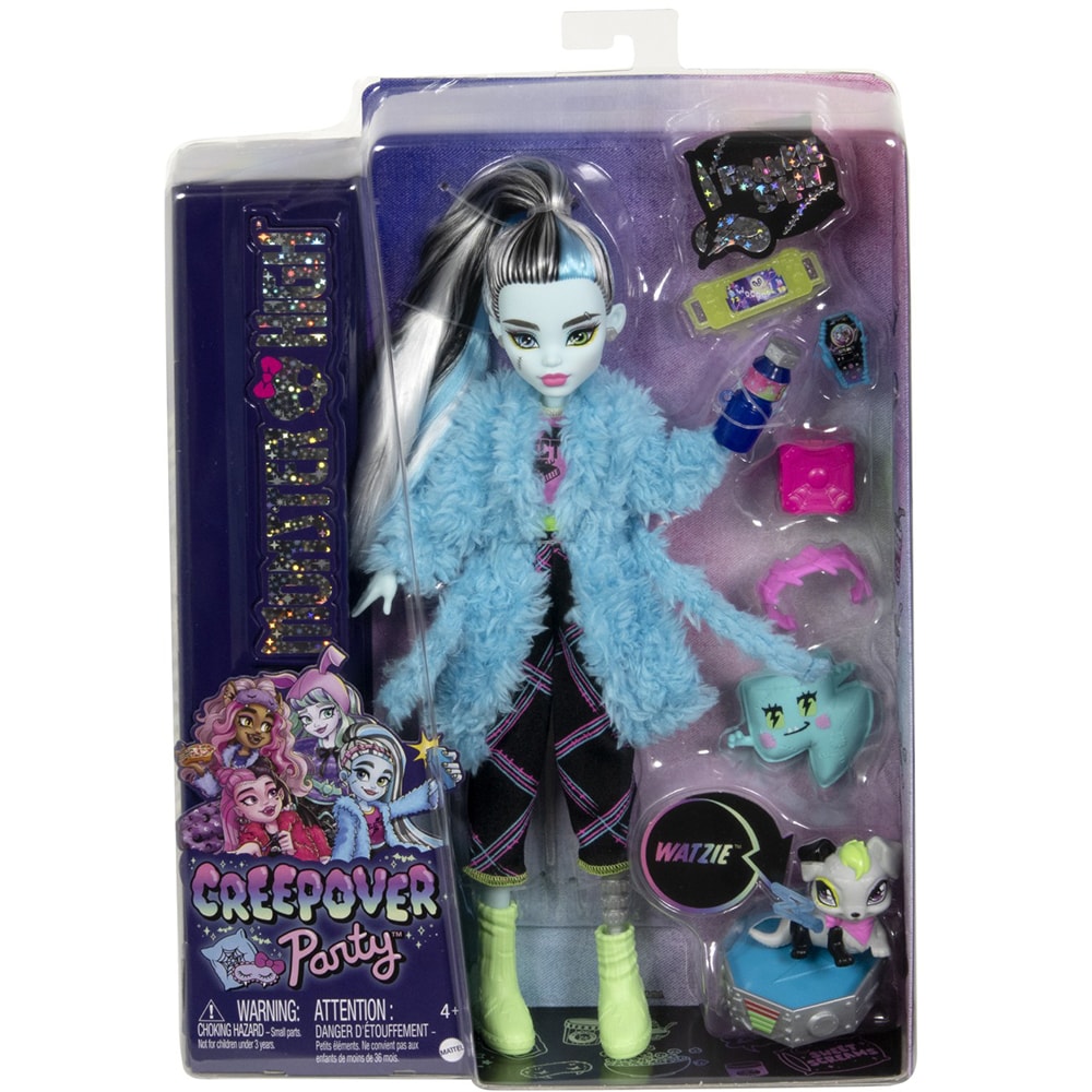 Papusa MONSTER HIGH Creepover Party - Frankie MTHKY68, 4 ani+, negru-bleu