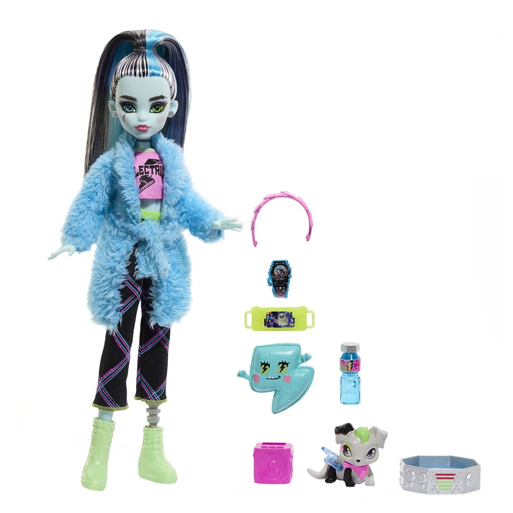 Papusa MONSTER HIGH Creepover Party - Frankie MTHKY68, 4 ani+, negru-bleu
