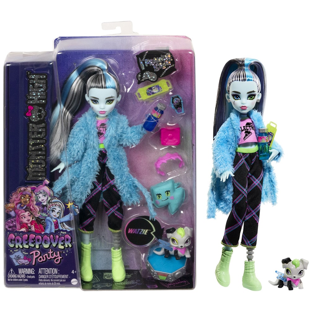 Papusa MONSTER HIGH Creepover Party - Frankie MTHKY68, 4 ani+, negru-bleu