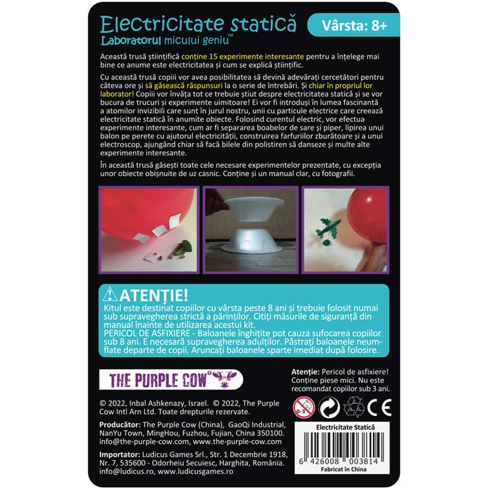 Joc educativ PURPLE COW Laboratorul micului geniu - Electricitate statica CW0381, 6 ani+, 1 jucator