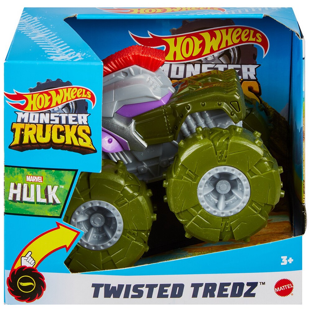 Masinuta HOT WHEELS Monster Truck Twisted Tredz Hulk GVK42, 3 ani+, kaki-gri