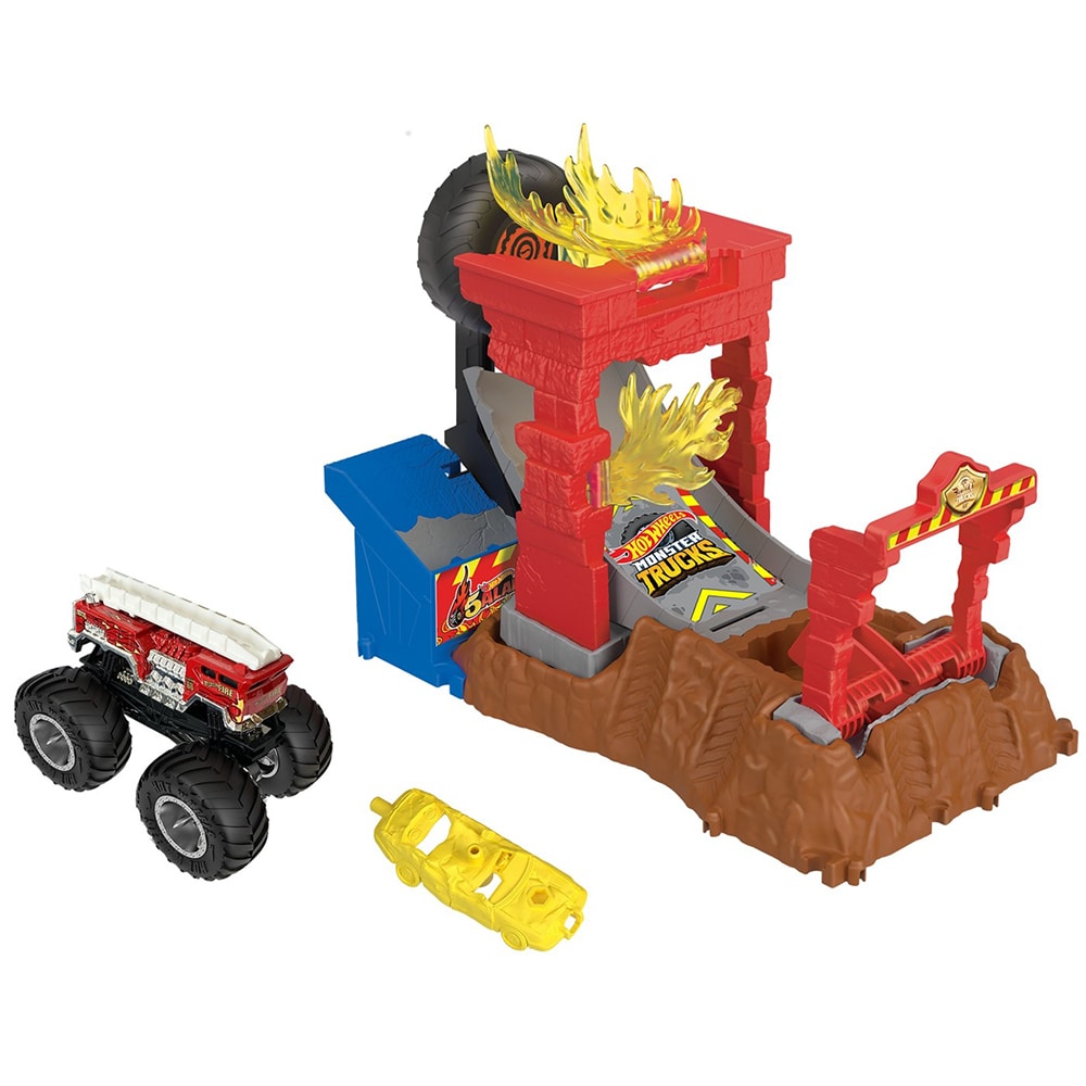 Set masinuta HOT WHEELS Monster Trucks Arena Entry Smashers Fire Crash HNB90, 4 ani+, multicolor