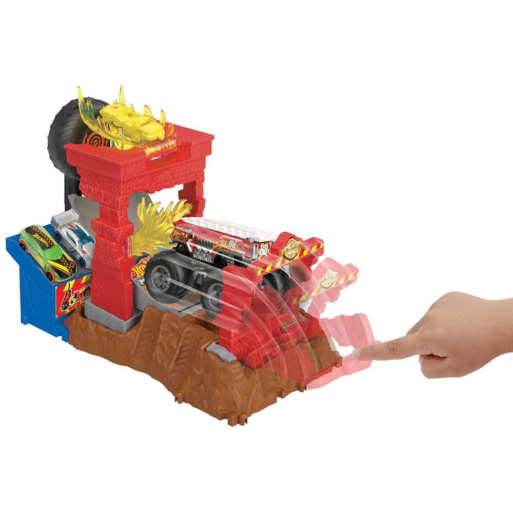 Set masinuta HOT WHEELS Monster Trucks Arena Entry Smashers Fire Crash HNB90, 4 ani+, multicolor