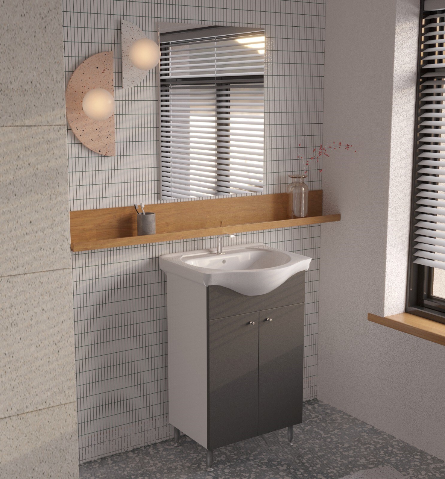 Set mobilier baie, baza, lavoar si oglinda, gri, 50 cm, Joy