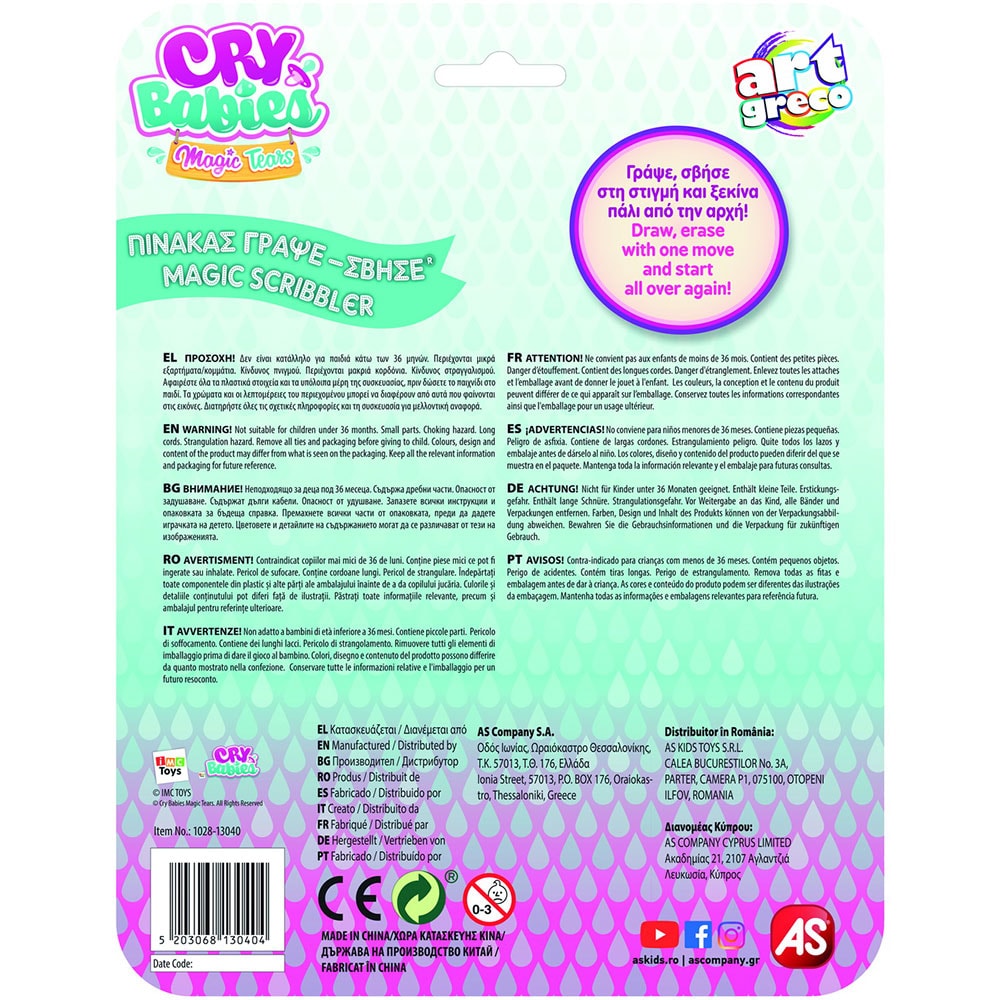 Jucarie educativa AS GAMES Tabla de scris Cry Babies Magic Scribbler 13040, 3 ani+, multicolor