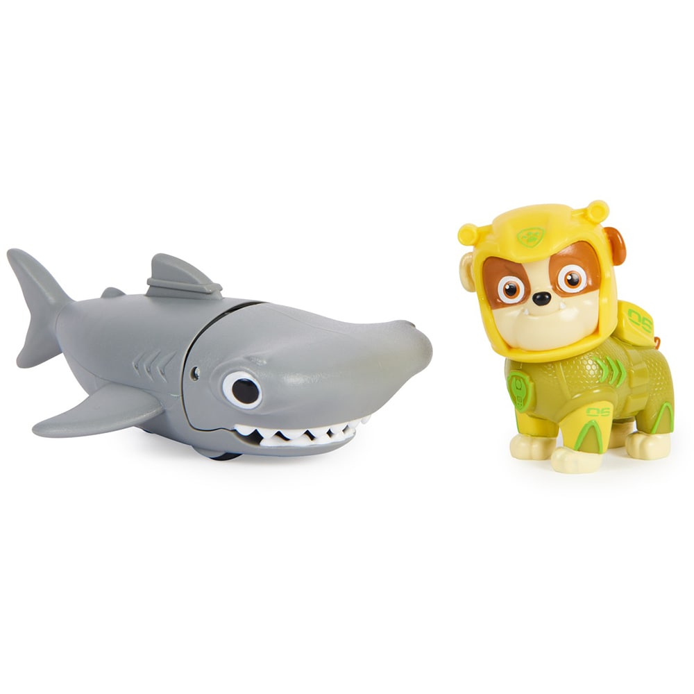 Set figurine PAW PATROL Aqua Pups - Rubble si rechinul ciocan 20139323, 3 ani+, galben-gri