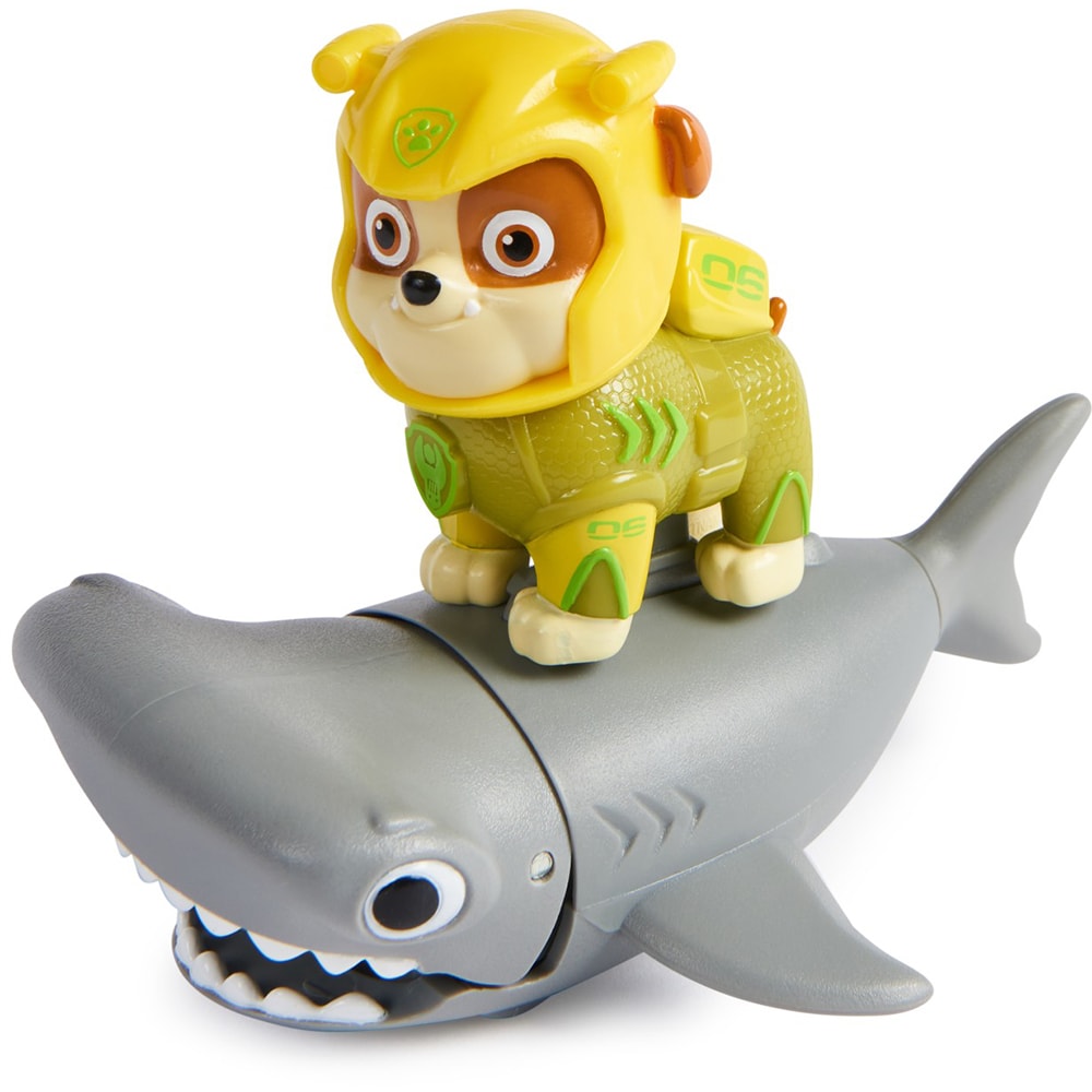 Set figurine PAW PATROL Aqua Pups - Rubble si rechinul ciocan 20139323, 3 ani+, galben-gri