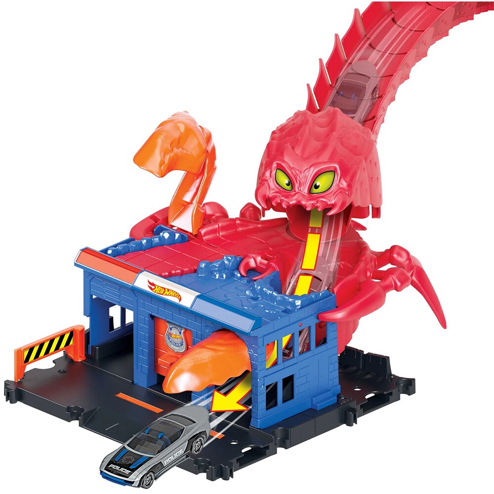 Set masinuta HOT WHEELS City - Pista Inamicilor sectia de politie HDR32, 4 ani+, albastru-rosu